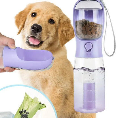 Portable Dog Water Bottle with 3-in-1 Travel Bowl, Food Treat Container, and Waste Bag Holder - 20oz, Blue