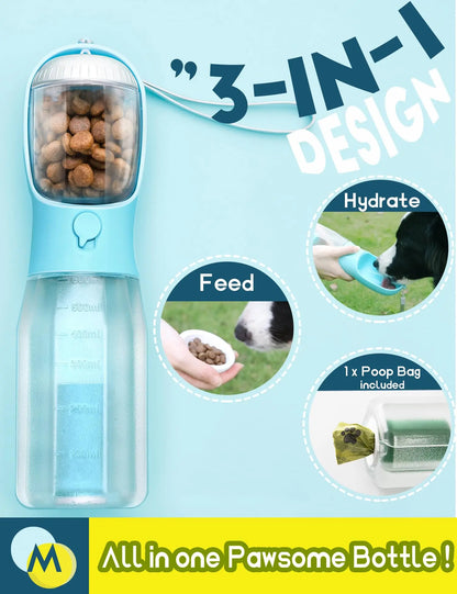 Portable Dog Water Bottle with 3-in-1 Travel Bowl, Food Treat Container, and Waste Bag Holder - 20oz, Blue