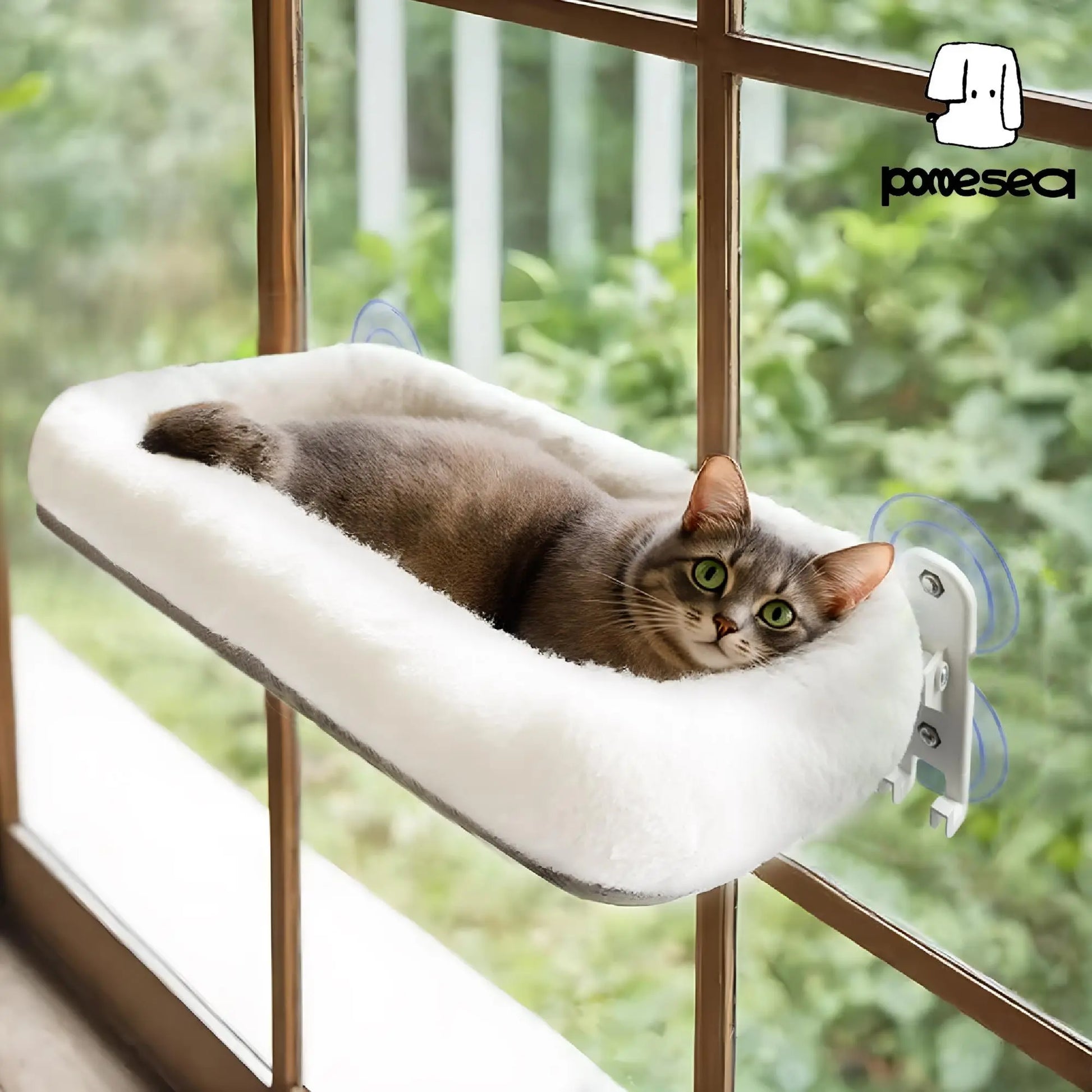 POMESEA Cordless Cat Window Perch with Soft Gray Pad, Durable Metal Frame and 4 Strong Suction Cups, Window Mounted, Washable Cover, Safe and Cozy Resting Spot for Large Indoor Cats.