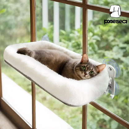 POMESEA Cordless Cat Window Perch with Soft Gray Pad, Durable Metal Frame and 4 Strong Suction Cups, Window Mounted, Washable Cover, Safe and Cozy Resting Spot for Large Indoor Cats.