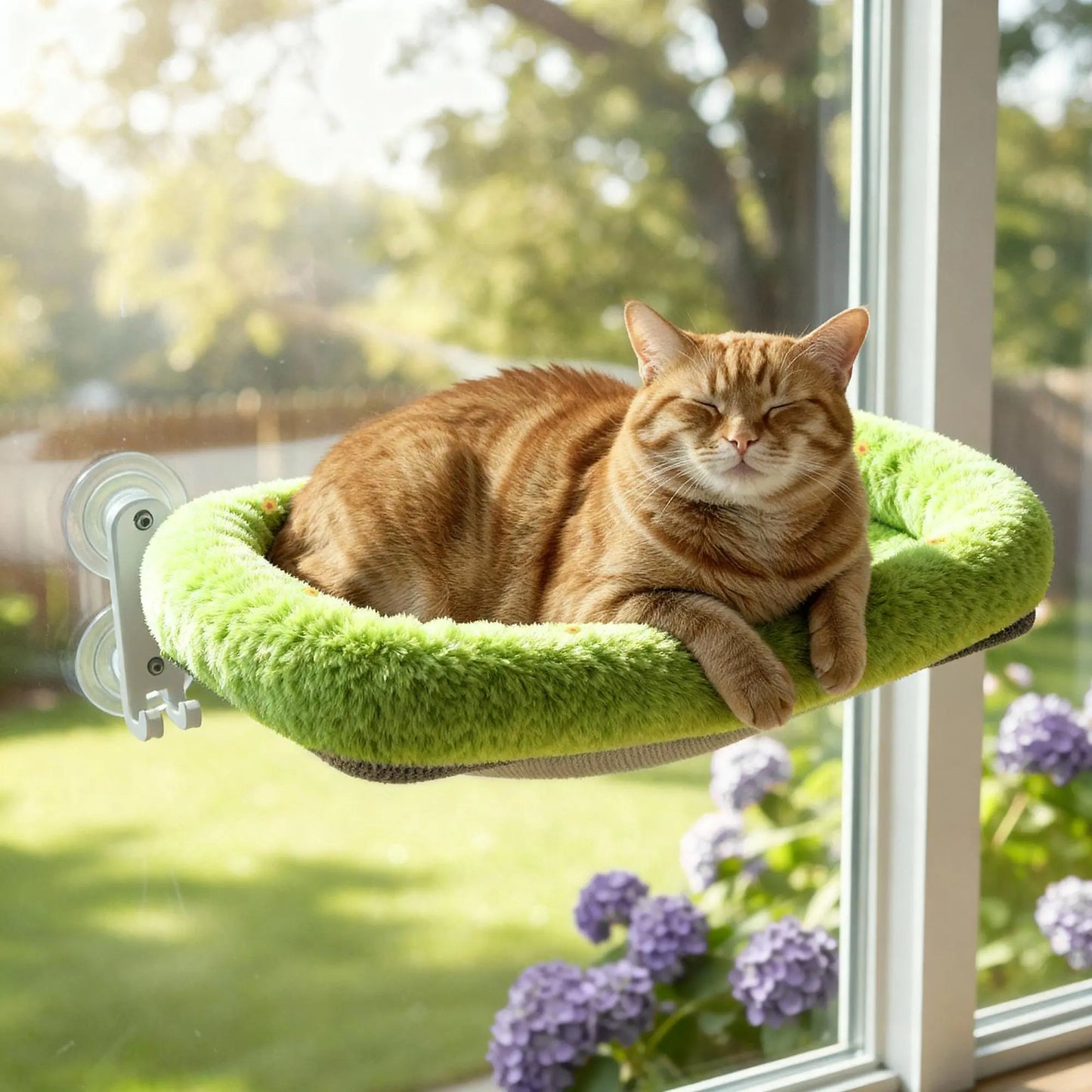 POMESEA Cordless Cat Window Perch with Soft Gray Pad, Durable Metal Frame and 4 Strong Suction Cups, Window Mounted, Washable Cover, Safe and Cozy Resting Spot for Large Indoor Cats.