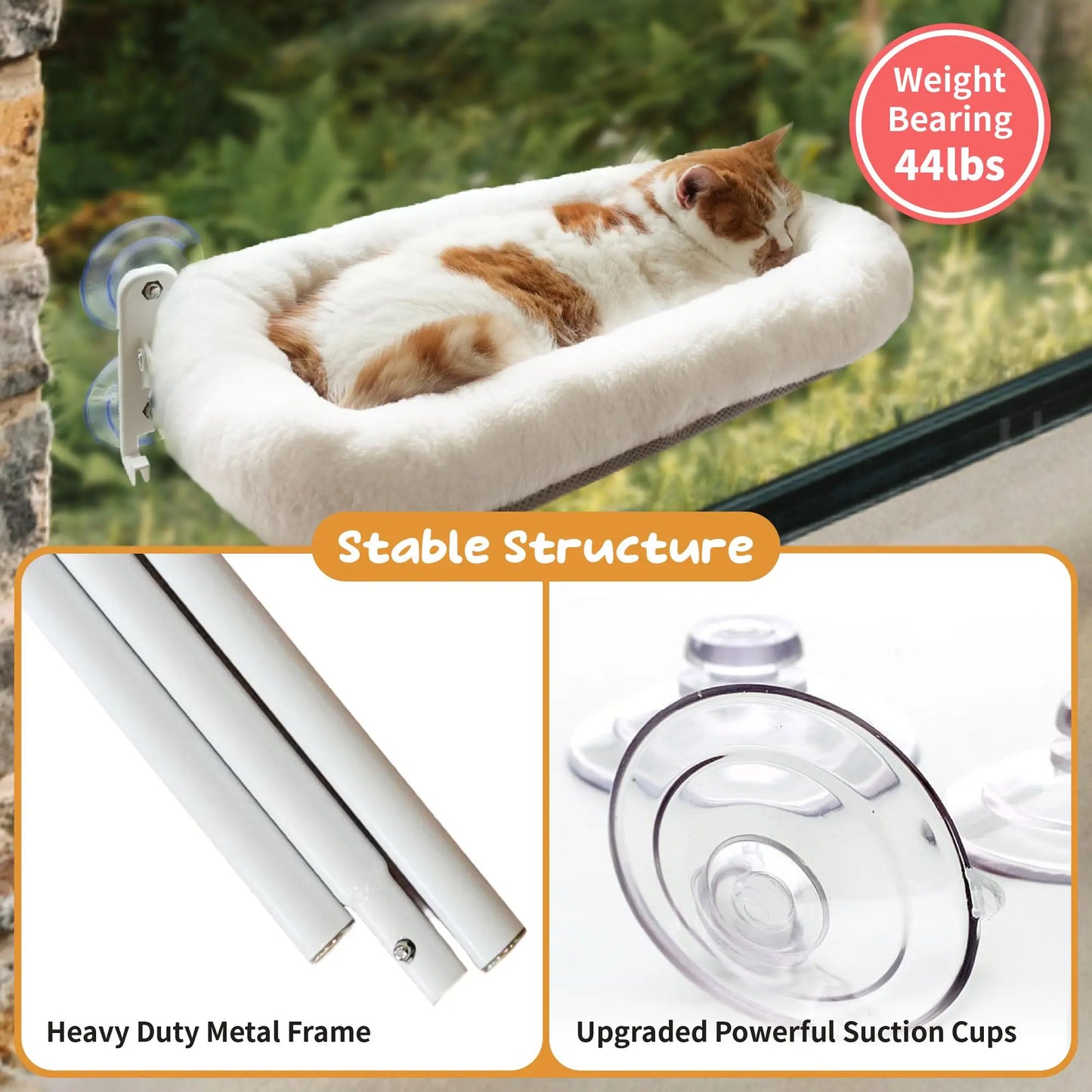 POMESEA Cordless Cat Window Perch with Soft Gray Pad, Durable Metal Frame and 4 Strong Suction Cups, Window Mounted, Washable Cover, Safe and Cozy Resting Spot for Large Indoor Cats.