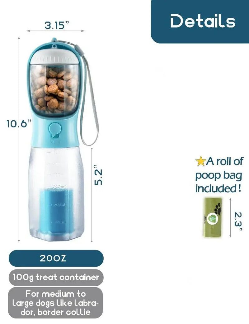 Portable Dog Water Bottle with 3-in-1 Travel Bowl, Food Treat Container, and Waste Bag Holder - 20oz, Blue