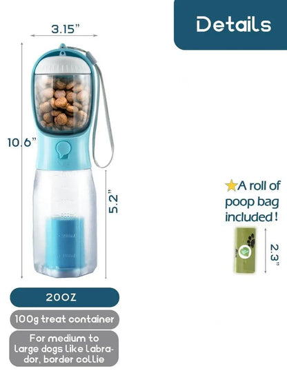Portable Dog Water Bottle with 3-in-1 Travel Bowl, Food Treat Container, and Waste Bag Holder - 20oz, Blue
