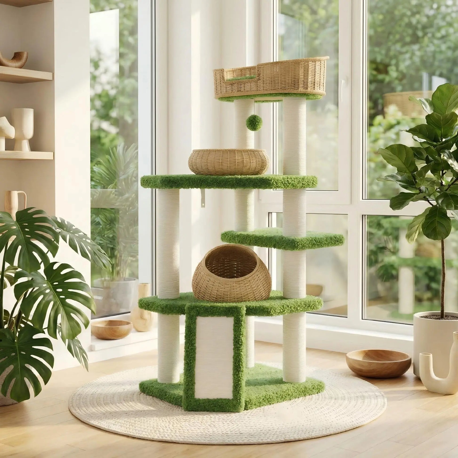 Muticor 57/74/81-Inch Cat Tree Tower with Wicker Baskets & Plush Lamb Wool Perches #Summervibes