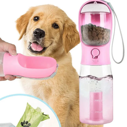 Portable Dog Water Bottle with 3-in-1 Travel Bowl, Food Treat Container, and Waste Bag Holder - 20oz, Blue