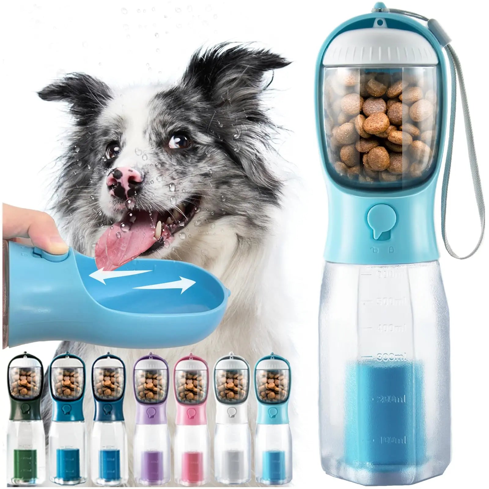 Portable Dog Water Bottle with 3-in-1 Travel Bowl, Food Treat Container, and Waste Bag Holder - 20oz, Blue