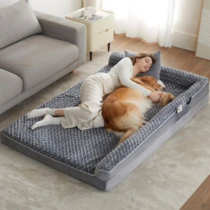 Orthopedic L-Shaped Dog Bed for Large Dogs - Waterproof Sofa with Velvet Top, Pressure Relief Orthopedic Foam, Joint Support, Removable Washable Cover, Self-Warming Soft Surface, Non-Slip Bottom,Summervibes