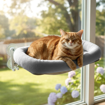 POMESEA Cordless Cat Window Perch with Soft Gray Pad, Durable Metal Frame and 4 Strong Suction Cups, Window Mounted, Washable Cover, Safe and Cozy Resting Spot for Large Indoor Cats.