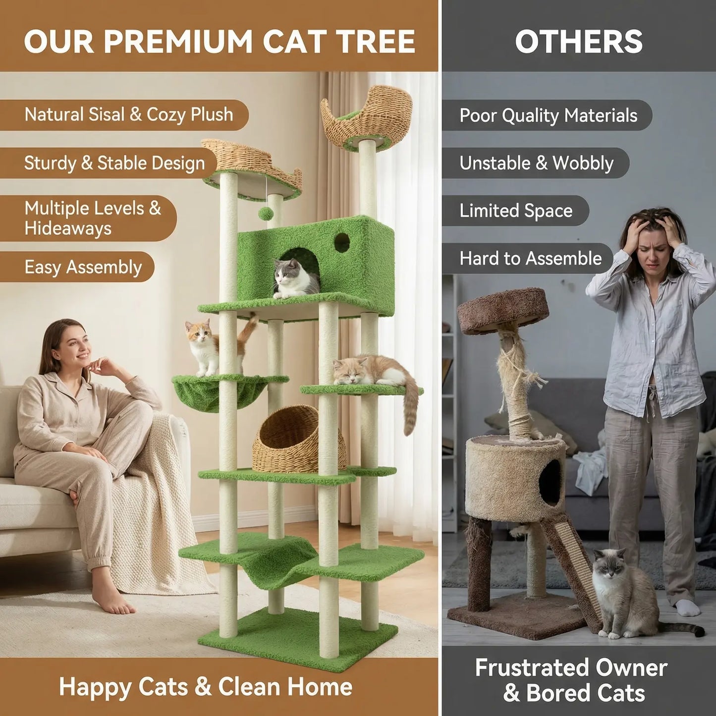 Muticor 57/74/81-Inch Cat Tree Tower with Wicker Baskets & Plush Lamb Wool Perches #Summervibes