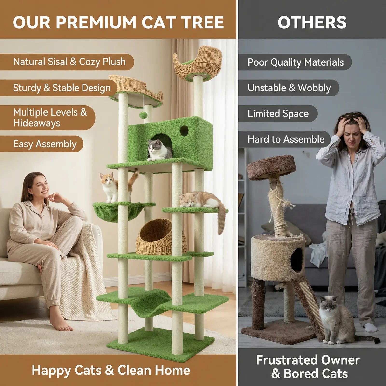 Muticor 57/74/81-Inch Cat Tree Tower with Wicker Baskets & Plush Lamb Wool Perches #Summervibes