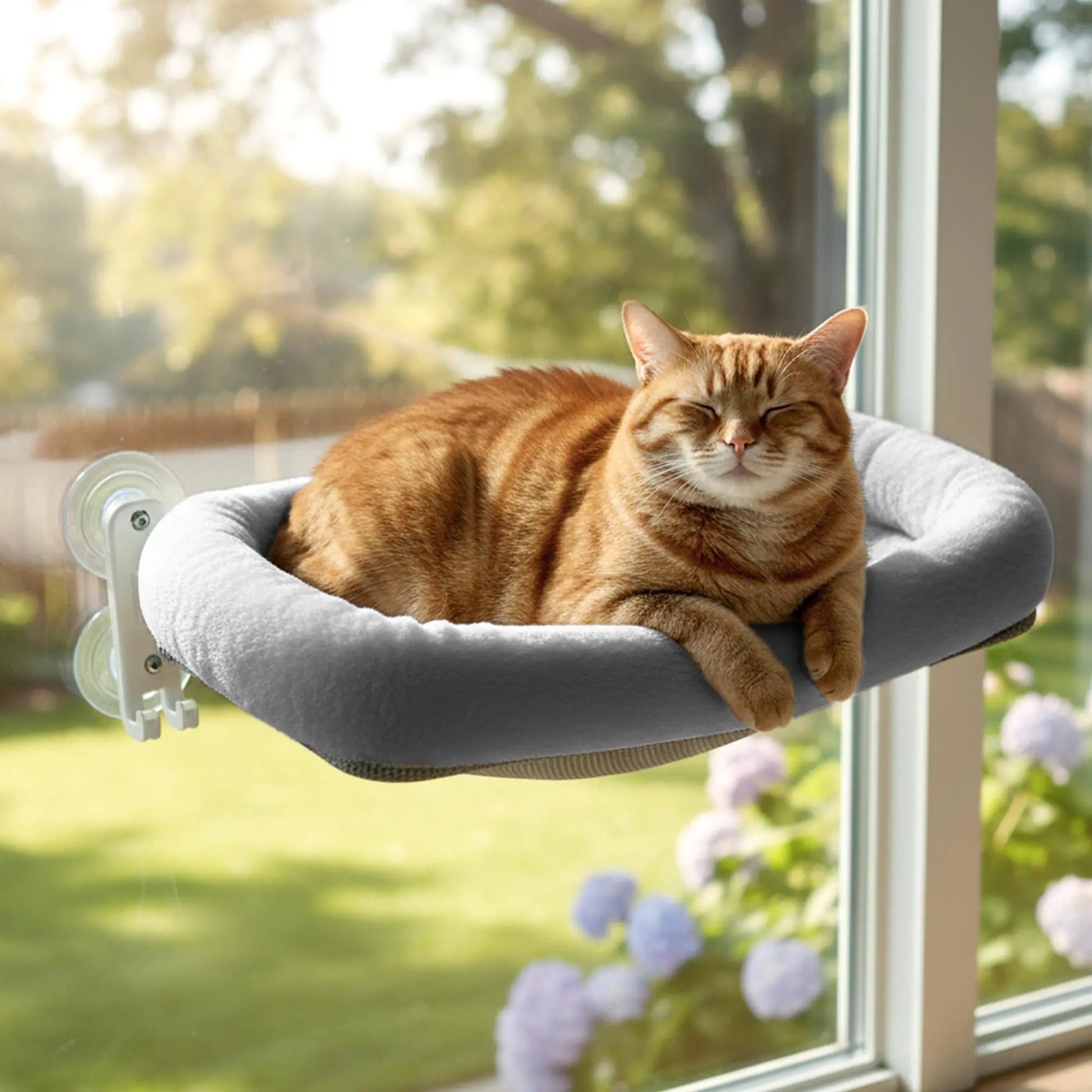 POMESEA Cordless Cat Window Perch with Soft Gray Pad, Durable Metal Frame and 4 Strong Suction Cups, Window Mounted, Washable Cover, Safe and Cozy Resting Spot for Large Indoor Cats.