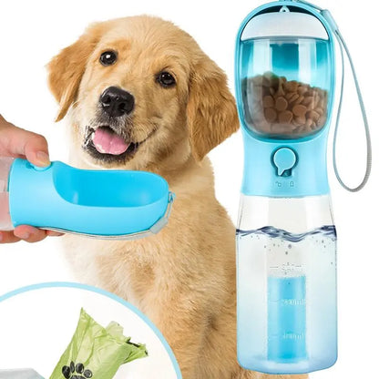 Portable Dog Water Bottle with 3-in-1 Travel Bowl, Food Treat Container, and Waste Bag Holder - 20oz, Blue