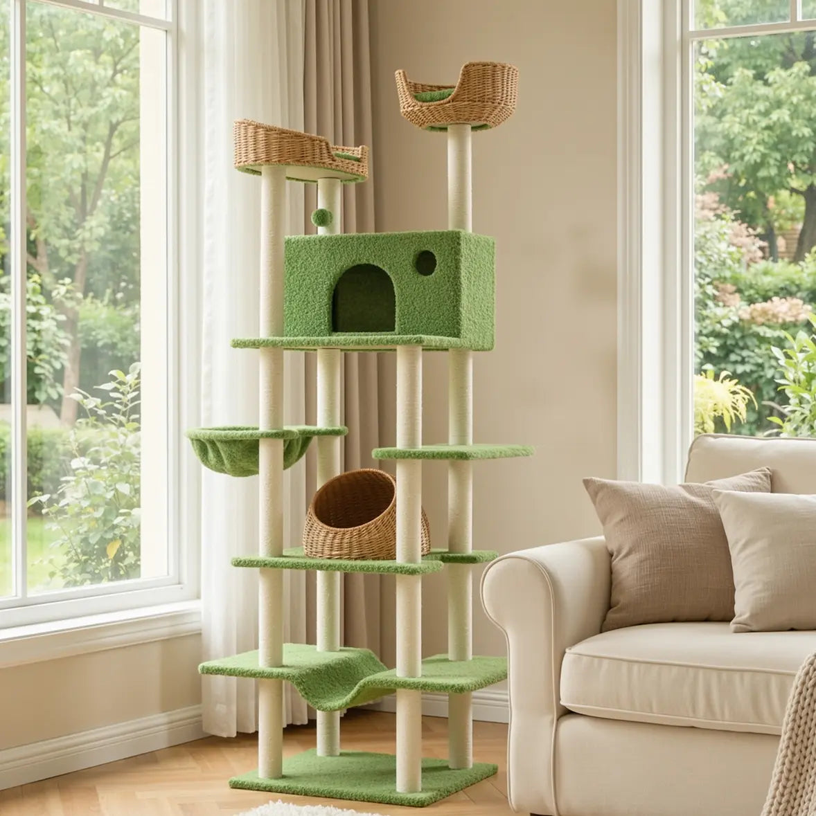 Muticor 57/74/81-Inch Cat Tree Tower with Wicker Baskets & Plush Lamb Wool Perches #Summervibes