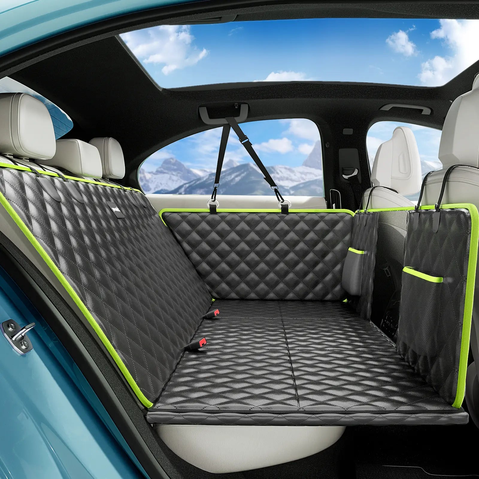 Pecute Pet Car Seat Cover Waterproof Dog Backseat Hammock with Mesh Window & Storage Pocket, 600D Non-Slip for Car/Truck, Easy to Install Washable,Summervibes,Petlovers,Summervibes
